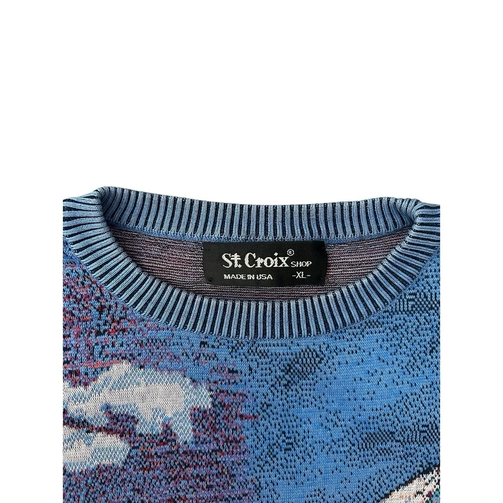 Vintage St. Croix Knits Sweater Men's XL Blue Sailboat Clouds Nautical Jacquard